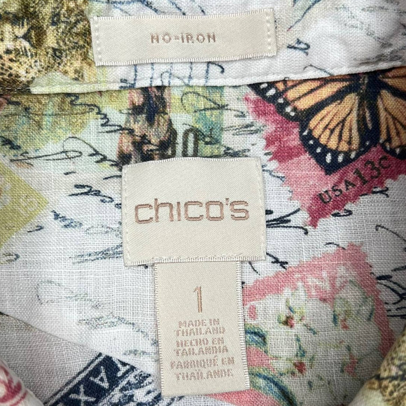 Chico's 100% Linen Novelty Print Button Up Size Medium Vacation Passport Travel - Picture 8 of 10